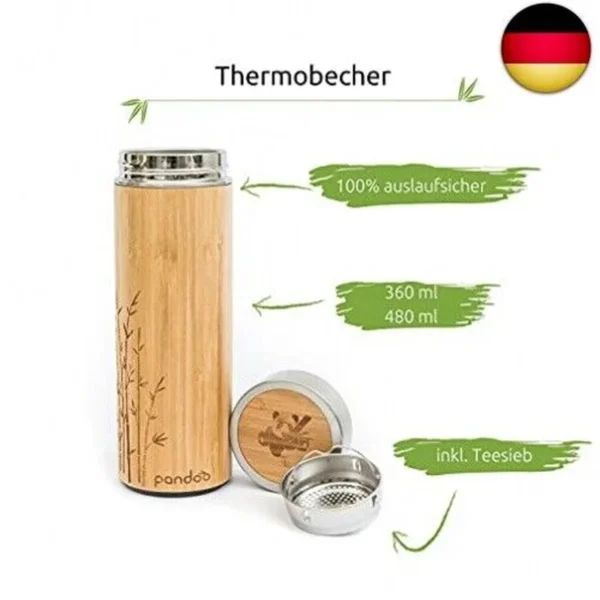 Pandoo Bamboo Tea Bottle Holder Thermo Mug - Doppelwandige Thermoflasche, Reisebecher,