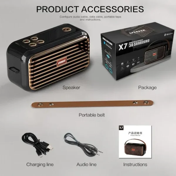 STONEGO 1PC 3D-Stereo-Bluetooth-Lautsprecher X7 TWS Tragbarer Retro-Musik-Dual-Lautsprecher Drahtlos Aux Usb De Som Outdoor Bass Soundcore Lautsprecher