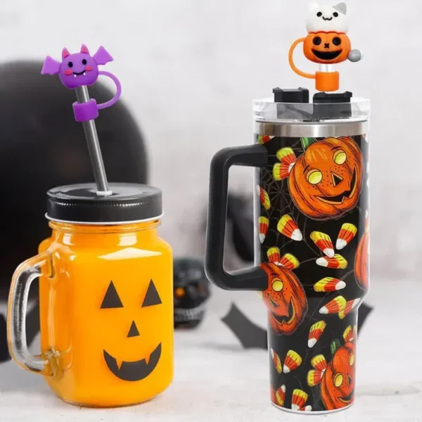 2024 Halloween Strohhalm Deckel Silikon Strohhalm Topper für Stanley 30&amp;40 Oz Becher mit Griff Spooky Dekor, 10Mm 0.4In Staubgeschützt Wiederverwendbare Strohhalm Tipps Deckel für Halloween Geschenke