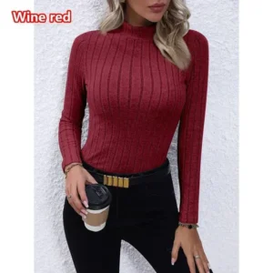 Damen Rollkragen Herbst Winter hohe stilvolle Kragen Langarm Kniited Blusen Mode Pit Strip Schlankheits Casual Blusen Damen Sexy Tops