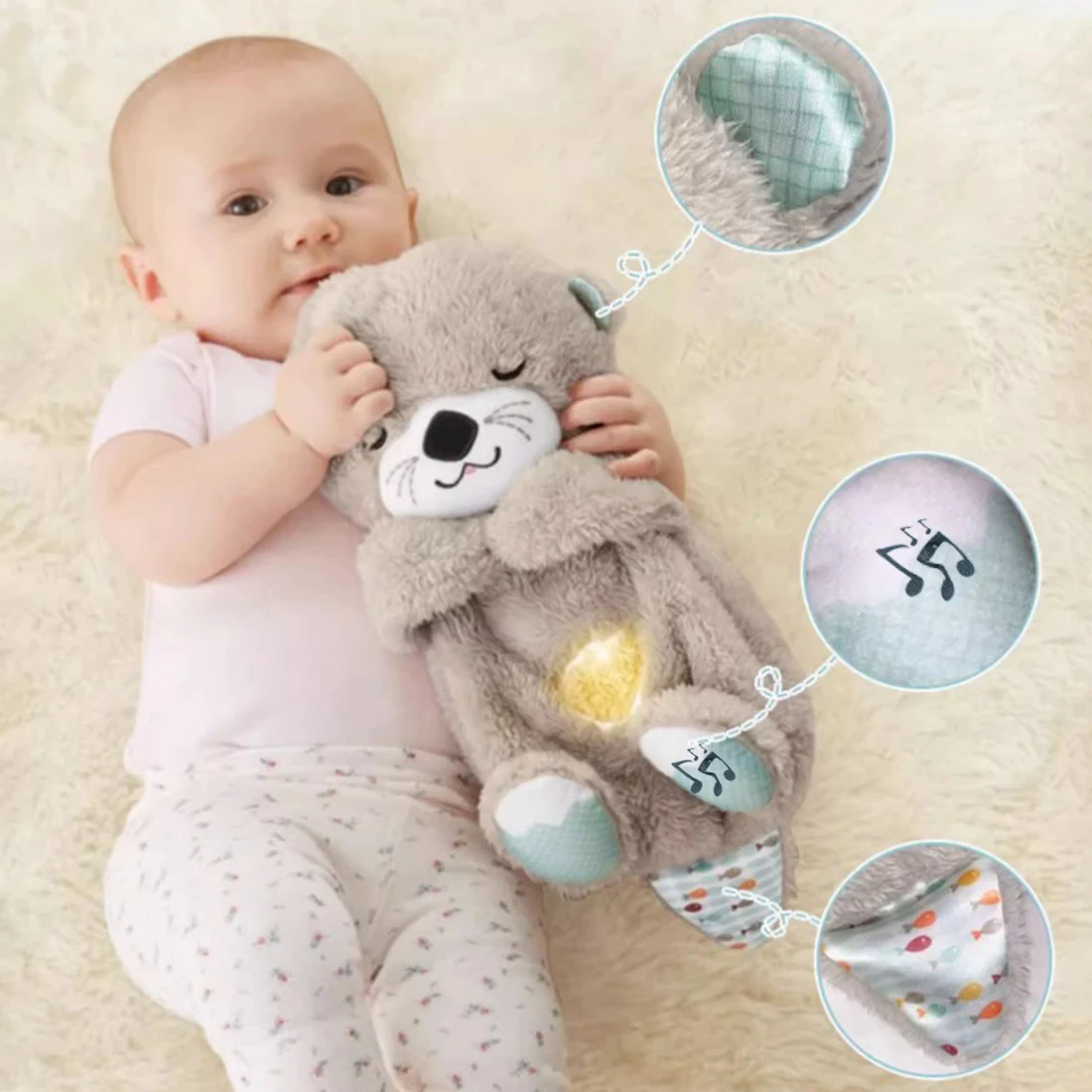 Atmender Otter Schlafverbesserung Plüschtier Playmate Otter Baby Plüschtier mit Licht Ton Neugeborenes Sensorisches Komfortables Baby Geburtstagsgeschenk Atmender Schlaf Otter