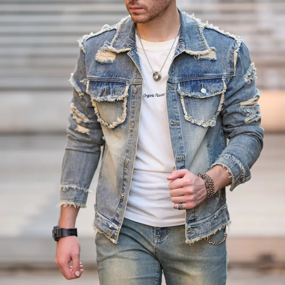 Jeans Jacke Neue Männer Herbst Streetwear Mode Solide Ripped Slim Denim Jacke Hohe Qualität Männlich Löcher Casual Jacke Mantel Jeans Jacke Neue Männer Herbst Streetwear Mode Solide Ripped Slim Denim Jacke Hohe Qualität Männlich Löcher Casual Jacke Mantel