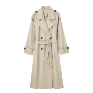 Damen Modischer Mantel mit Gürtel Solider Zweireiher Trench Vintage Reversausschnitt Lange Ärmel Weiblich Schicke Damen Outfits