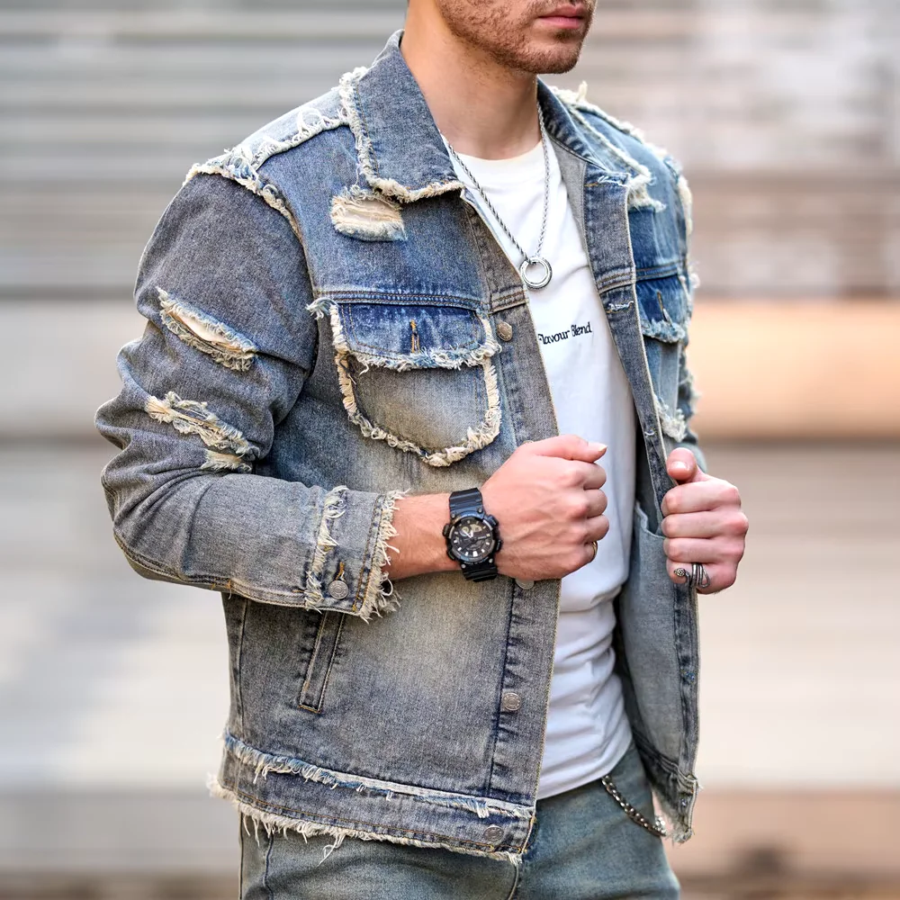 Jeans Jacke Neue Männer Herbst Streetwear Mode Solide Ripped Slim Denim Jacke Hohe Qualität Männlich Löcher Casual Jacke Mantel Jeans Jacke Neue Männer Herbst Streetwear Mode Solide Ripped Slim Denim Jacke Hohe Qualität Männlich Löcher Casual Jacke Mantel