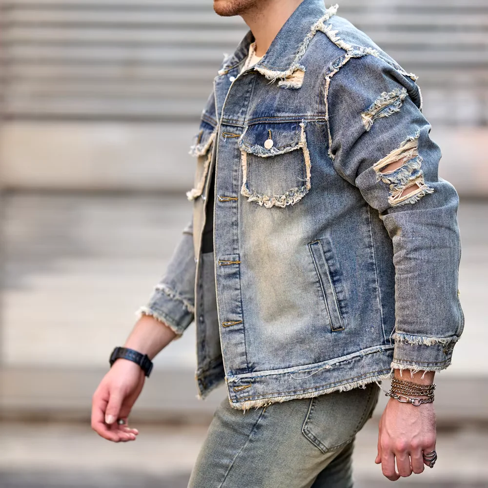 Jeans Jacke Neue Männer Herbst Streetwear Mode Solide Ripped Slim Denim Jacke Hohe Qualität Männlich Löcher Casual Jacke Mantel Jeans Jacke Neue Männer Herbst Streetwear Mode Solide Ripped Slim Denim Jacke Hohe Qualität Männlich Löcher Casual Jacke Mantel