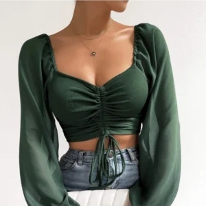 Sexy Mesh Laterne Ärmel Drawstring Wrap Chest Bare Midriff Cute T Shirt Frauen Langarm