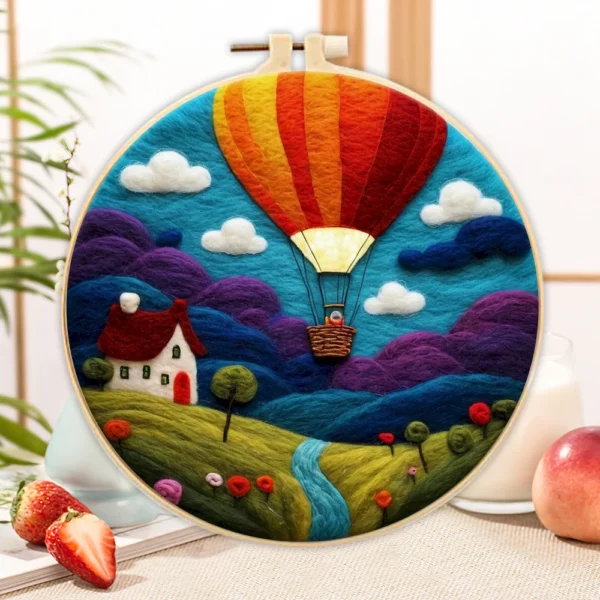 Photocustom Crafts Arts DIY Wool Felting Painting Kit mit Rahmen Handmade Needle Wool Painting Hot Air Balloon für Home Decors Crafts Geschenk