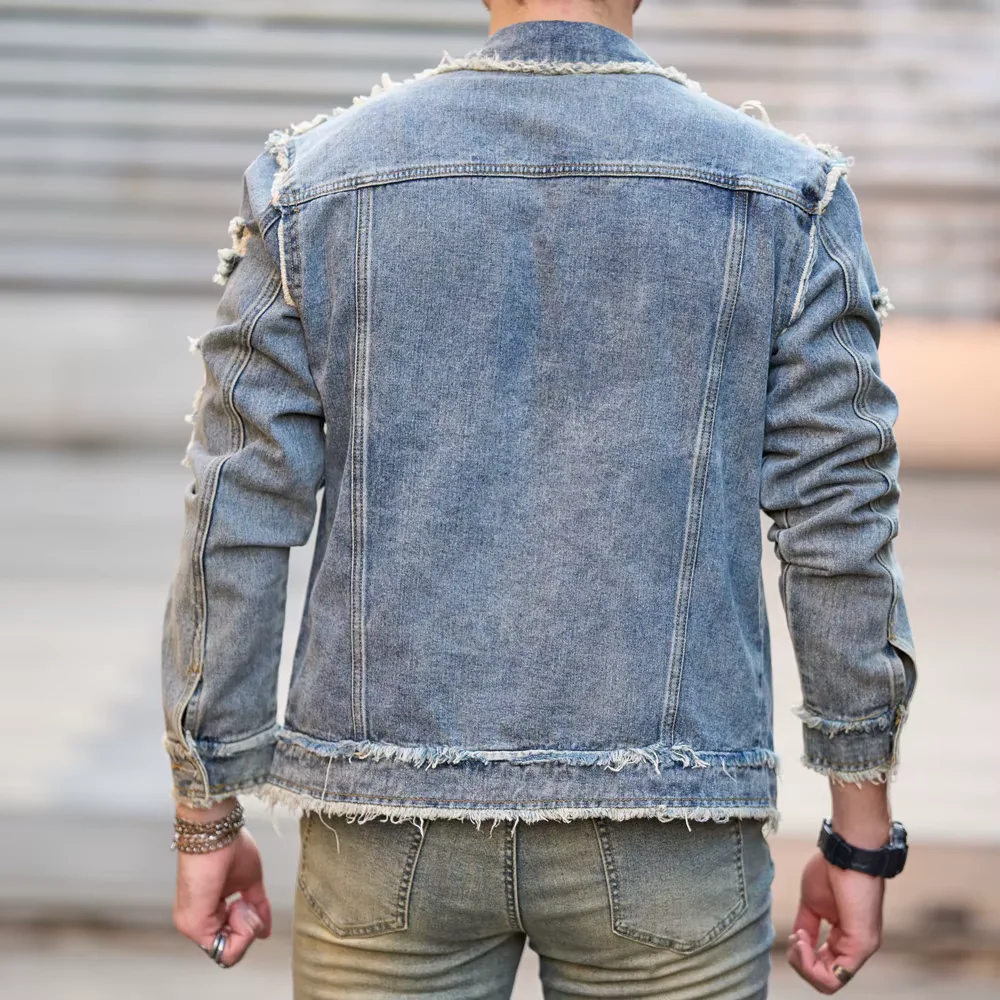 Jeans Jacke Neue Männer Herbst Streetwear Mode Solide Ripped Slim Denim Jacke Hohe Qualität Männlich Löcher Casual Jacke Mantel Jeans Jacke Neue Männer Herbst Streetwear Mode Solide Ripped Slim Denim Jacke Hohe Qualität Männlich Löcher Casual Jacke Mantel