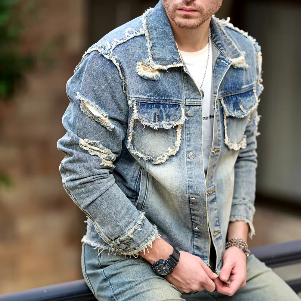 Jeans Jacke Neue Männer Herbst Streetwear Mode Solide Ripped Slim Denim Jacke Hohe Qualität Männlich Löcher Casual Jacke Mantel Jeans Jacke Neue Männer Herbst Streetwear Mode Solide Ripped Slim Denim Jacke Hohe Qualität Männlich Löcher Casual Jacke Mantel