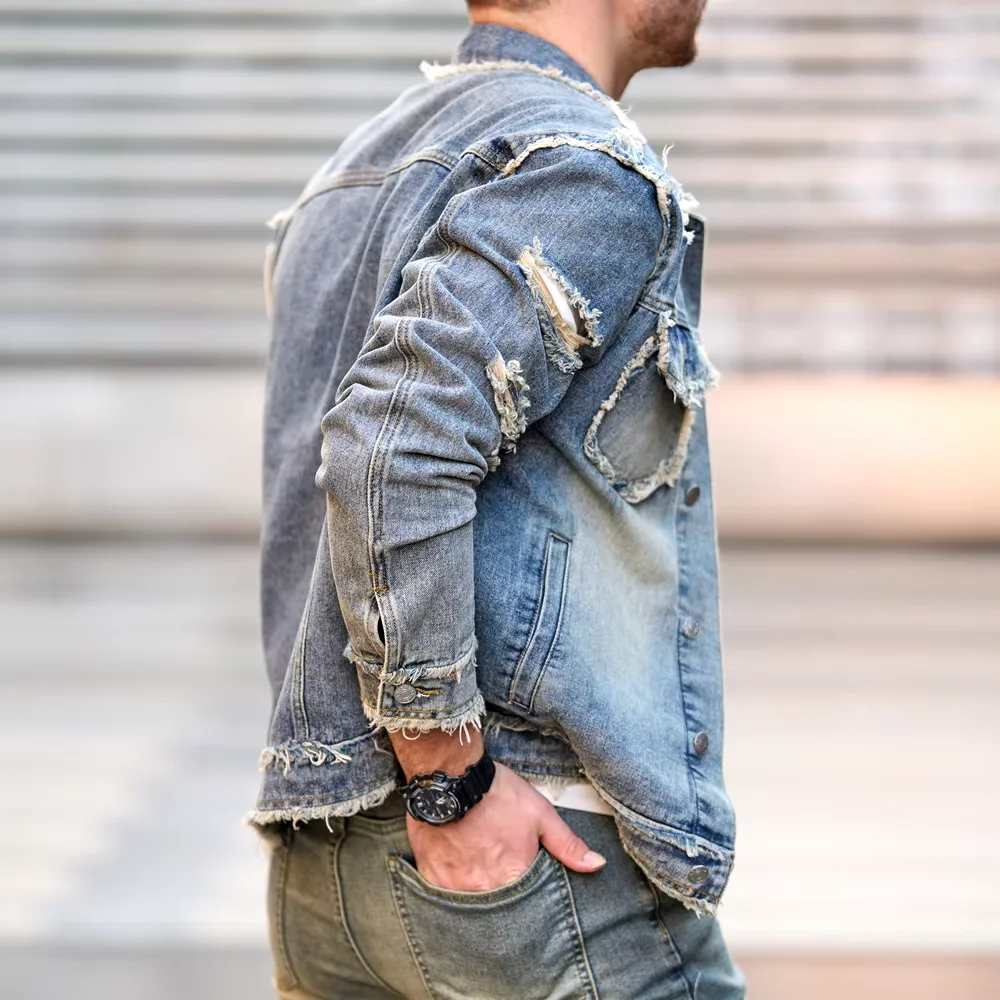 Jeans Jacke Neue Männer Herbst Streetwear Mode Solide Ripped Slim Denim Jacke Hohe Qualität Männlich Löcher Casual Jacke Mantel Jeans Jacke Neue Männer Herbst Streetwear Mode Solide Ripped Slim Denim Jacke Hohe Qualität Männlich Löcher Casual Jacke Mantel