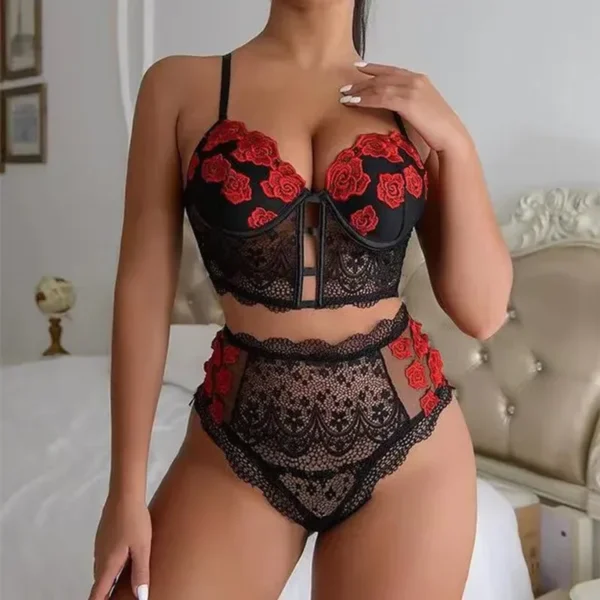 Frauen Sexy Spitze Dessous Set Spitze Bralette und Panty Set Strappy Lace Dessous Rose Muster Jahrestag Valentinstag Geschenk