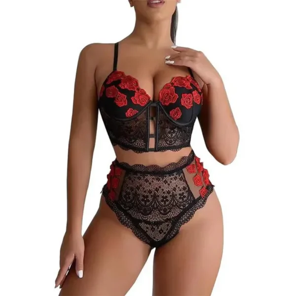 Frauen Sexy Spitze Dessous Set Spitze Bralette und Panty Set Strappy Lace Dessous Rose Muster Jahrestag Valentinstag Geschenk