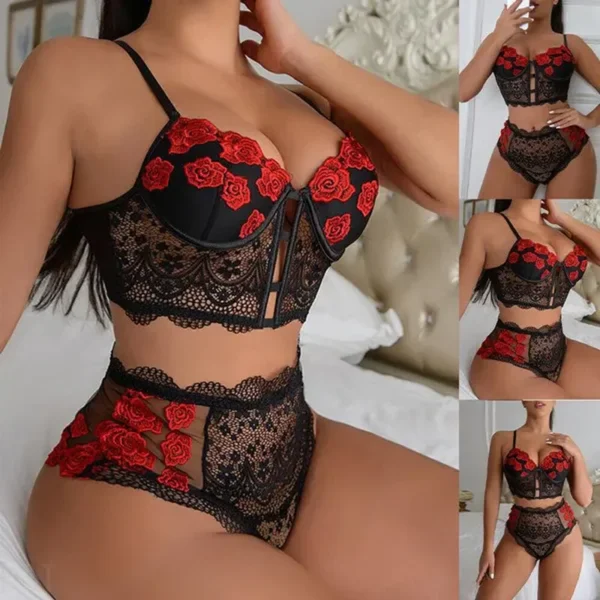 Frauen Sexy Spitze Dessous Set Spitze Bralette und Panty Set Strappy Lace Dessous Rose Muster Jahrestag Valentinstag Geschenk