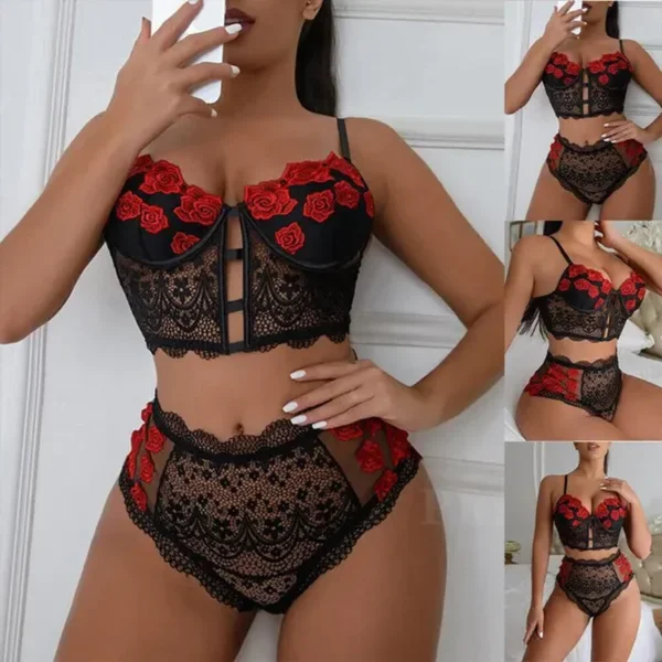 Frauen Sexy Spitze Dessous Set Spitze Bralette und Panty Set Strappy Lace Dessous Rose Muster Jahrestag Valentinstag Geschenk